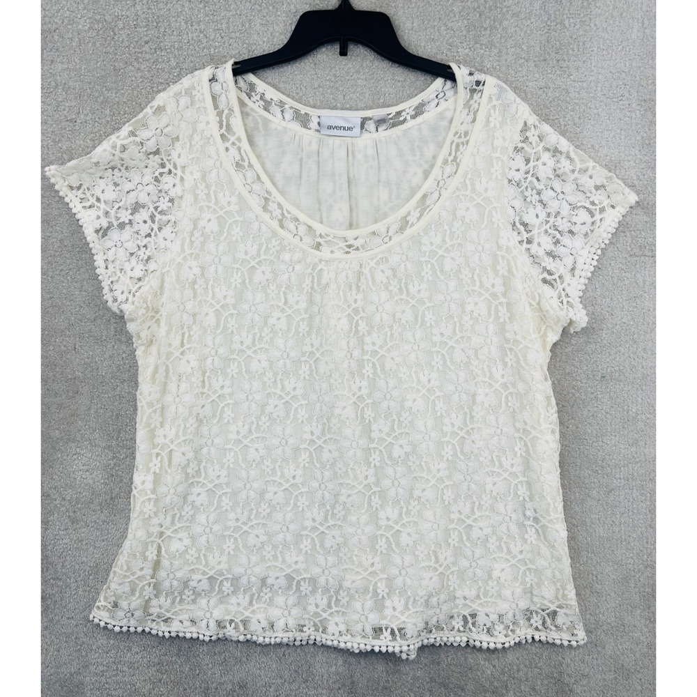 Avenue Lace Top Size 26/28 Ivory Short Sleeve Floral Lined Cottagecore Coquette‎